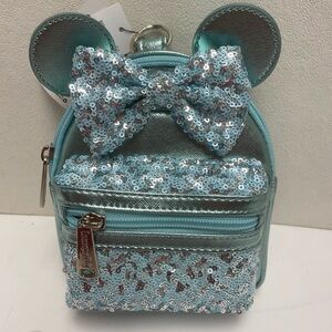 Disney Parks Loungefly Minnie Aqua Blue Sequin Mini Backpack Wristlet - New